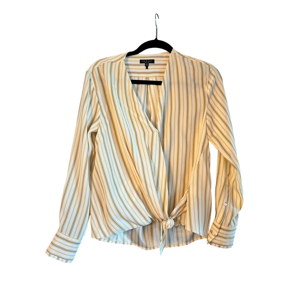 Rag & Bone Striped 100% Silk Wrap Tie Blouse Top Overhead Button V Neck NWOT
